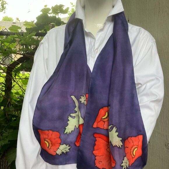 VTG 80s Silk Hand Painted Scarf Purple with Bright Flowers at Both Ends 53 X 11 - Picture 7 of 12